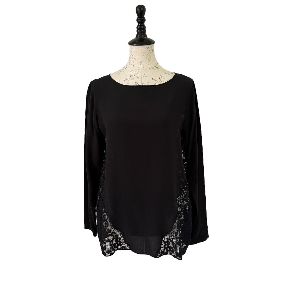 CLUB MONACO Women's 100% Silk Black Long-Sleeve Blouse MED Lace Detail Shirt